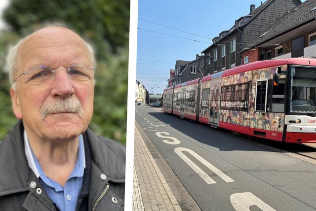Bildkombo: links Joachim Schmittgen, rechts Stadtbahn U44 an der Endhaltltestelle Walbertstraße in Marten.