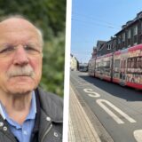 Bildkombo: links Joachim Schmittgen, rechts Stadtbahn U44 an der Endhaltltestelle Walbertstraße in Marten.