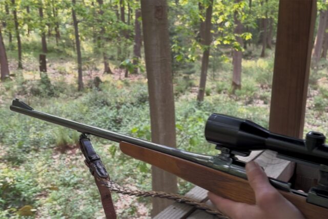 Ein Jäger hält ein Gewehr.
