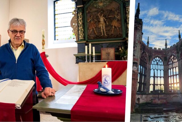 Die Montage zeigt links Pfarrer Ludger Ernsting in der Gastkirche Recklinghausen, rechts die Ruine der Kathedrale von Coventry in England.