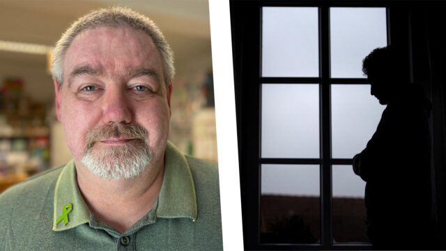 Eine Collage zeigt links das Portraitbild von Karsten Lamche und rechts ein Symbolbild für Depressionen (eine dunkle Silhouette von einem Mann vor einem Fenster).