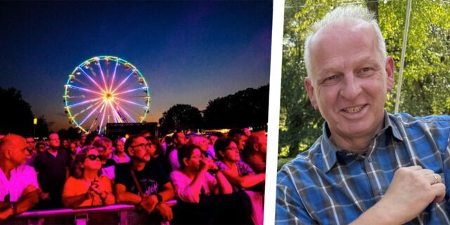 Montage zeigt links das Publikum des Waltroper Parkfest bei Nacht, rechts Marco Patruno vom Leitungsteam des Parkfests.