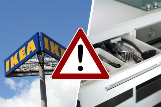 Collage. Links im Bild: Ikea Logo vor blauem Himmel, rechts im Bild Küchenschublade mit Küchenutensilien. Davor: rotes Warndreieck