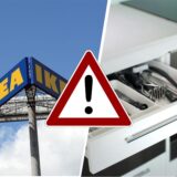 Collage. Links im Bild: Ikea Logo vor blauem Himmel, rechts im Bild Küchenschublade mit Küchenutensilien. Davor: rotes Warndreieck