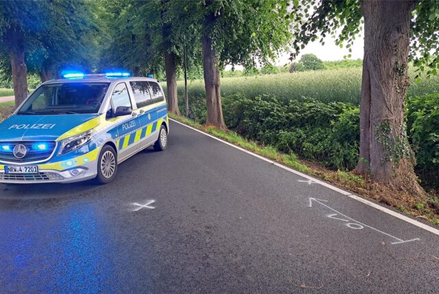 Ein Polizeiauto steht auf der Breddenkampstraße.