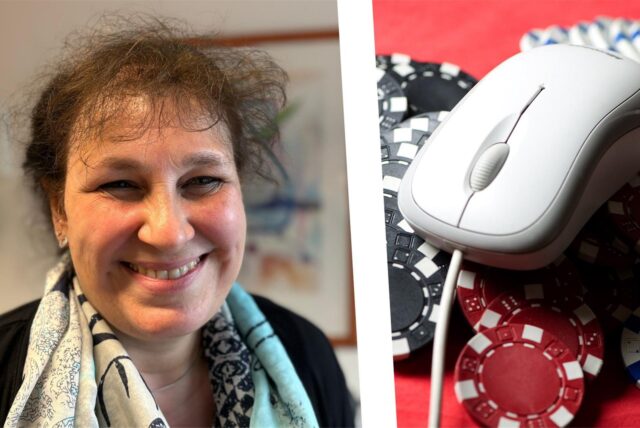 Eine Collage zeigt das Porträt von Angela Buschmann-Rorowski (links) und ein Symbolbild für Online-Glücksspiel.