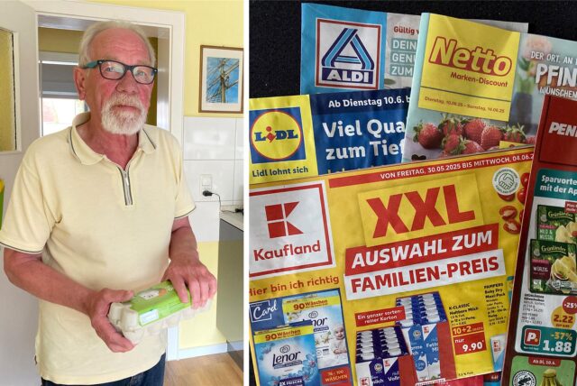 Die Montage zeigt ein Porträt des Herteners Siegfried Krüger. Auf dem Bild daneben sind  Prospekte mehrerer Discounter abgebildet.