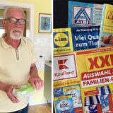Die Montage zeigt ein Porträt des Herteners Siegfried Krüger. Auf dem Bild daneben sind  Prospekte mehrerer Discounter abgebildet.