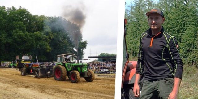 Montage zeigt rechts einen Trecker beim Trecker-Treck 2024 und links den Vorsitzenden der KLJB Waltrop, Justus Poggensee.