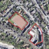 Die Bildkombi zeigt die SPD-Vertreter Axel Tschersich und Anna Teresa Kavena sowie ein Satellitenbild des Areals zwischen Cäcilienhöhe und Beisinger Weg.