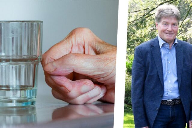Die Montage zeigt eine ältere Hand und ein Wasserglas sowie Norbert Jandt vom Seniorenbeirat Recklinghausen.