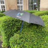 Ein Regenschirm steckt in einer Buchsbaumhecke.