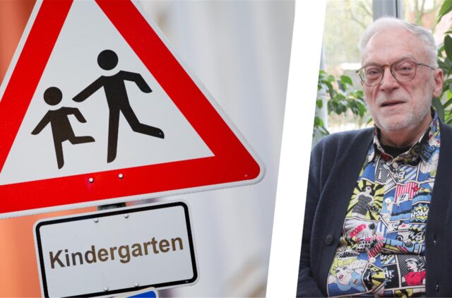 Montage mit dem Schild Achtung Kindergarten und Heinz Briefs.