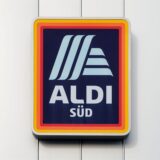 Das Logo von Aldi Süd hängt an einer Filiale.