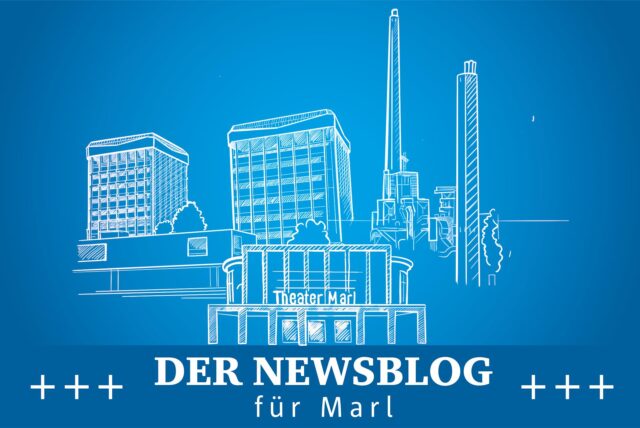 Unsere Grafik zeigt Umrisse von markanten Gebäuden in der Stadt Marl: das Rathaus, das Theater und den Chemiepark.