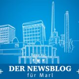 Unsere Grafik zeigt Umrisse von markanten Gebäuden in der Stadt Marl: das Rathaus, das Theater und den Chemiepark.