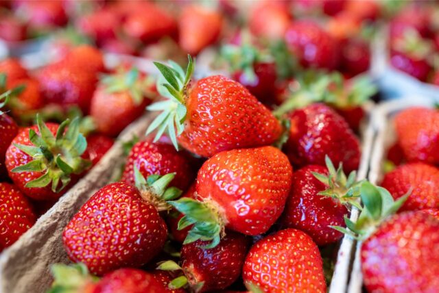 Frische Erdbeeren in Pappschalen werden zum Verkauf angeboten
