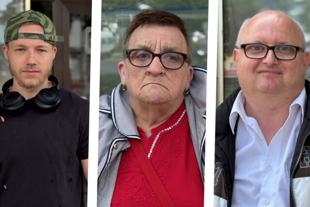 Dargestellt sind drei Porträtaufnahmen von Personen unterschiedlichen Alters und Geschlechts vor einem unscharfen Hintergrund. Die Personen blicken direkt in die Kamera.