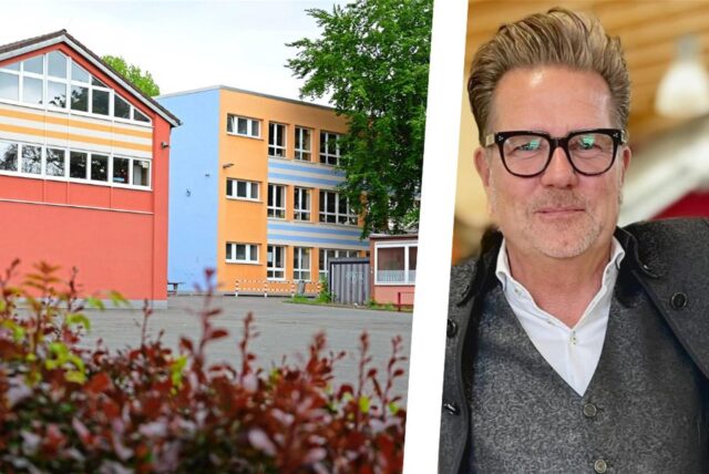 Montage zeigt in einem großen Foto die Christoph-Stöver-Realschule und auf einem kleinen Foto Dirk Brinkmann