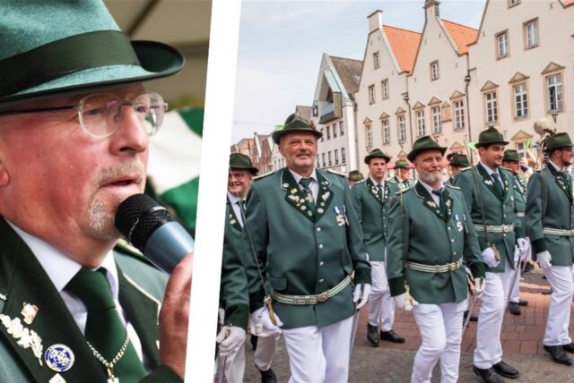 Links ein Porträt von Frank Leopold, rechts marschierende Schützen.