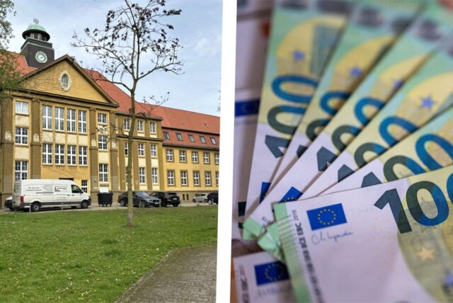 Die Collage zeigt das Dattelner Rathaus und Geldscheine