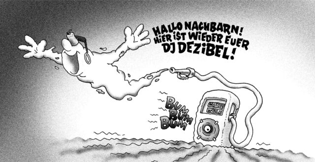 DJ Dezibel begrüßt durch einen Mega-Lautsprecher die Umgebung mit „Hallo Nachbarn“.