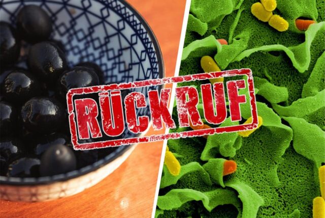 Links: Oliven in einer Schale, rechts: mikroskopische Aufnahme von Listerien. Darüber steht die Aufschrift „Rückruf“