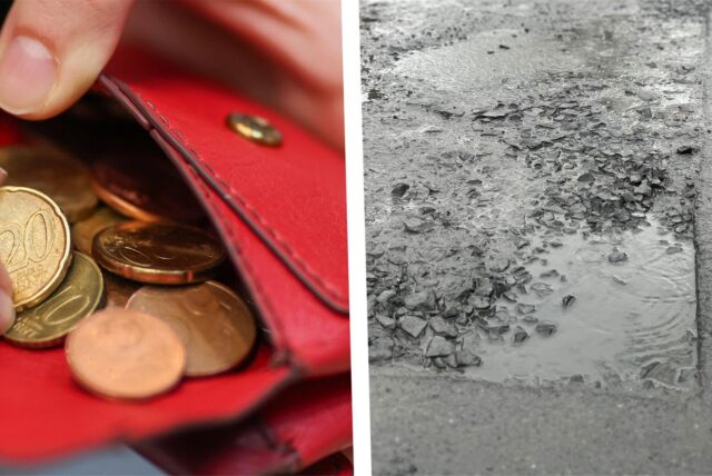 Das Bild zeigt eine Collage. Links ist ein rotes Portemonnaie mit einigen Euro-Cent-Münzen zu sehen, wobei eine Hand nach einer 20-Cent-Münze greift. Rechts ist ein Schlagloch in einer asphaltierten Oberfläche zu sehen, das mit Wasser gefüllt ist.