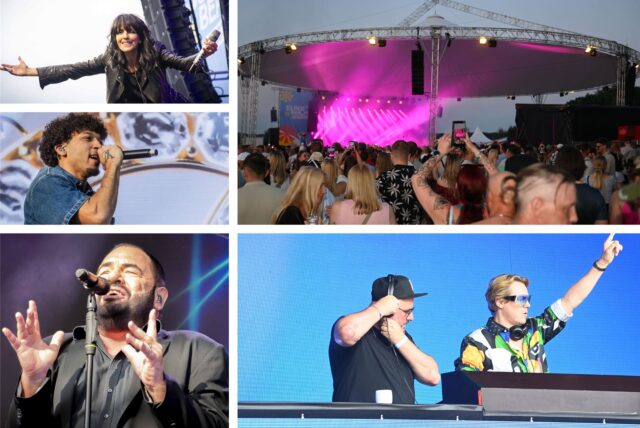 Fotomontage von Nena, Jazeek, Alpaville-Sänger Marian Gold, Phil Fuldner und Ante Perry, bei ihren Auftritten beim Sunset Beach Festival 2025 in Haltern am See