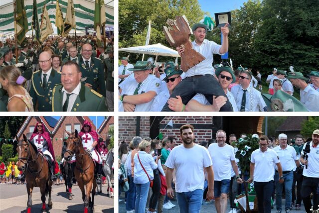 Montage von Impressionen des Schützenfestes in Sythen 2025. Der neue König Freddy Allerdisse wird von seiner Kompanie auf Schultern getragen,