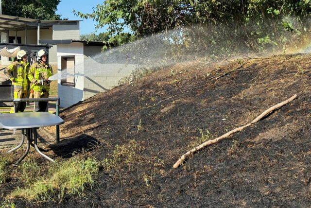 Feuerwehrleute löschen Böschungsbrand