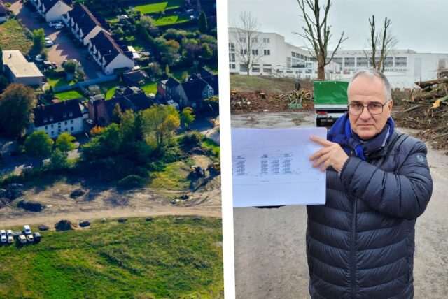 Montage: Das Bild zeigt eine Luftaufnahme eines Baugebiets neben einer Wohnsiedlung und eine Person, die einen Bauplan vor einem Haufen geschnittener Äste hält.