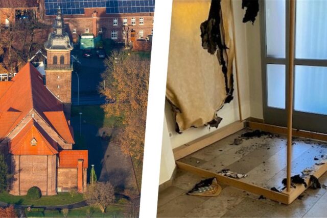 Links die Antoniuskirche, rechts ein verbrannter Baldachin.