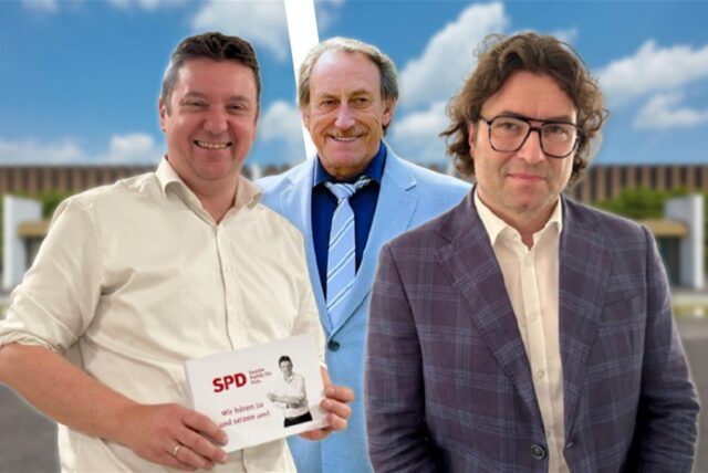 Rajko Kravanja (SPD) gegen Thomas Thiel (CDU): Die beiden Männer wollen Bürgermeister werden und sind vor dem Rathaus abgebildet.