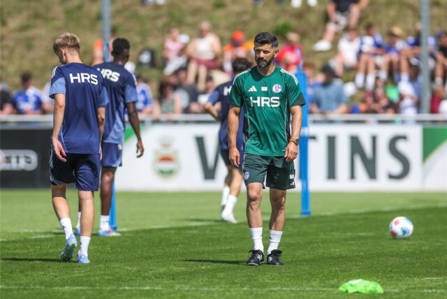 Fußball, 2. Bundesliga, Trainingsauftakt FC Schalke 04. Schalkes neuer Cheftrainer Miron Muslic schaut seiner Mannschaft zu. +++ dpa-Bildfunk +++