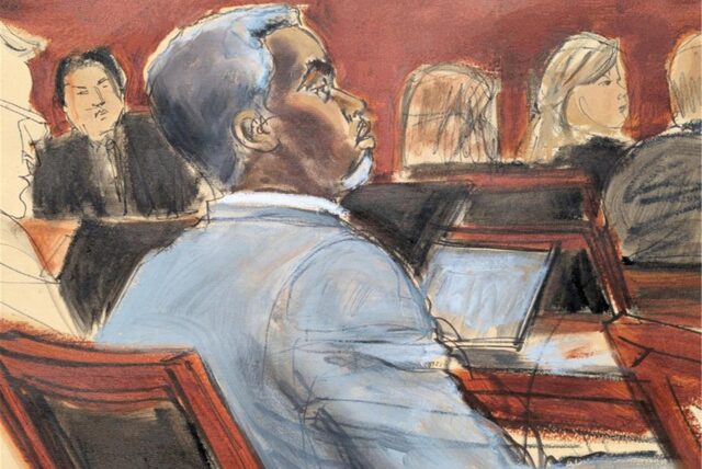 Die Gerichtszeichnung zeigt Sean „Diddy“ Combs, der den Eröffnungsplädoyers am ersten Verhandlungstag vor dem Bundesgericht in Manhattan zuhört. Der Rapper steht wegen Vorwürfen von Sexualstraftaten vor Gericht.