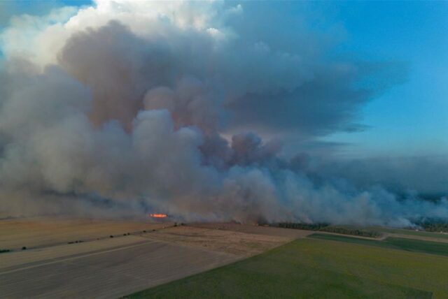 Rauch steigt in den Himmel auf bei einem Wald- und Vegetationsbrand in der Gohrischheide im Landkreis Meißen in der Nähe von dem sächsischen Ort Zeithain.