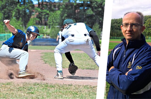 Zwei Baseballspieler in Aktion, Trainer Damian Kaiser.