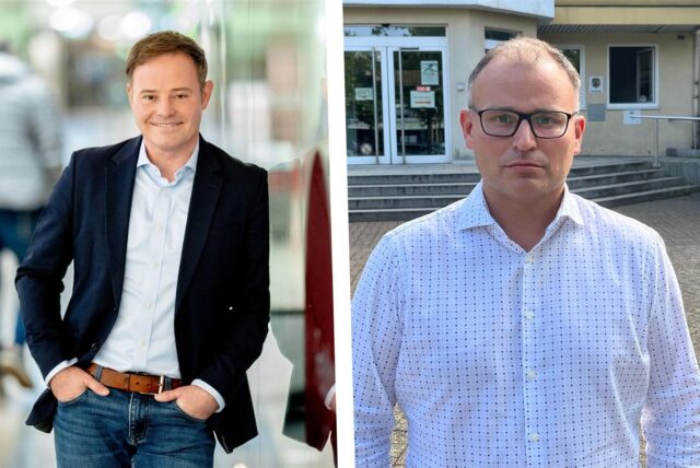 Montage: Lars Ehm bei einer Rede und Marcel Damnitz vor dem Rathaus in Oer-Erkenschwick.
