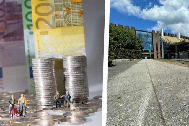 Bildkombo: links Modellfiguren vor Euro-Geldstücken und -scheinen, rechts der Eingang zum Rathaus in Castrop-Rauxel .