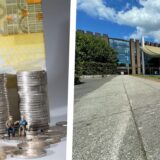 Bildkombo: links Modellfiguren vor Euro-Geldstücken und -scheinen, rechts der Eingang zum Rathaus in Castrop-Rauxel .