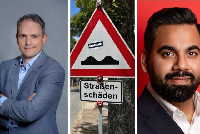 Montage: Dominic Colloff, ein Schild mit der Aufschrift Straßenschöden, Shoaiub Nazir.