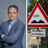 Montage: Dominic Colloff, ein Schild mit der Aufschrift Straßenschöden, Shoaiub Nazir.