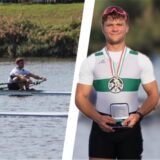 Zu sehen ist Noel Jaschke, rechts wie er seine Medaille hält und links in seinem Ruderboot.