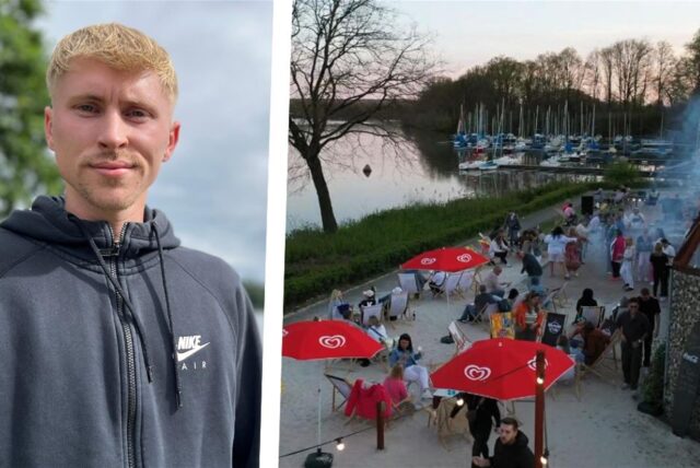 Montage zweier Bilder. Dj PAscal Stock links, rechts feiern Menschen im Sonnenuntergang an der Stadtmühle.