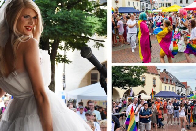 Eine Montage aus drei Bildern: Links Drag Queen Sandra Bullcock, rechts oben tanzende Besucher, rechts unter das Publikum am Markt,