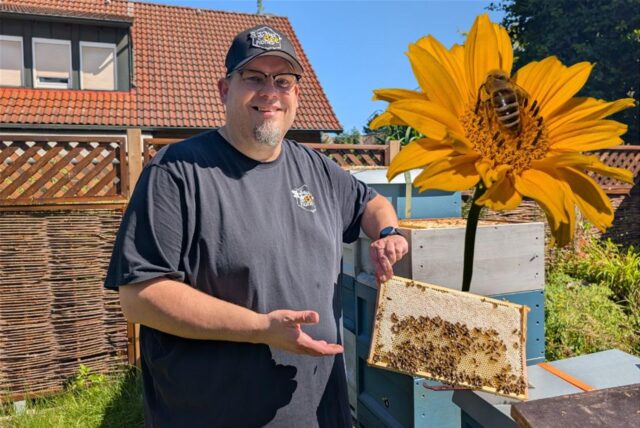 Imker Patrick Kramer hält eine Wabe seines Bienenstocks in der Hand.