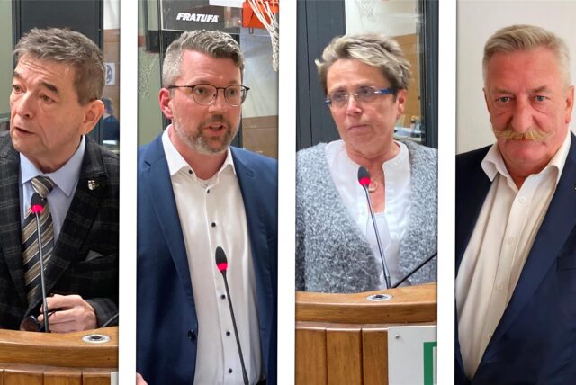 Vier Bürgermeisterkandidaten für Marl (von links): Werner Arndt (SPD), Thomas Terhorst (CDU), Beate Kühnhenrich (Grüne) und Michael Weiß (AfD).