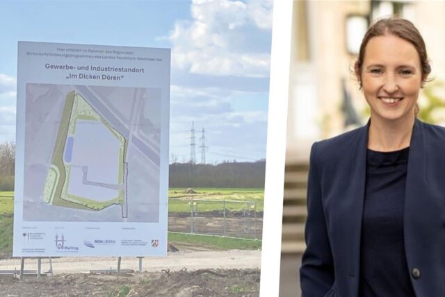 Die Montage zeigt Stadtplanungsdezernentin Jeanette Sebrantke neben dem Bauschild zum Gewerbepark Dicker Dören.