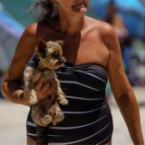 Eine Frau hält einen Hund auf dem Arm